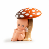 Kewpie blind box figure standing with a red polka-dot mushroom hat and tan body