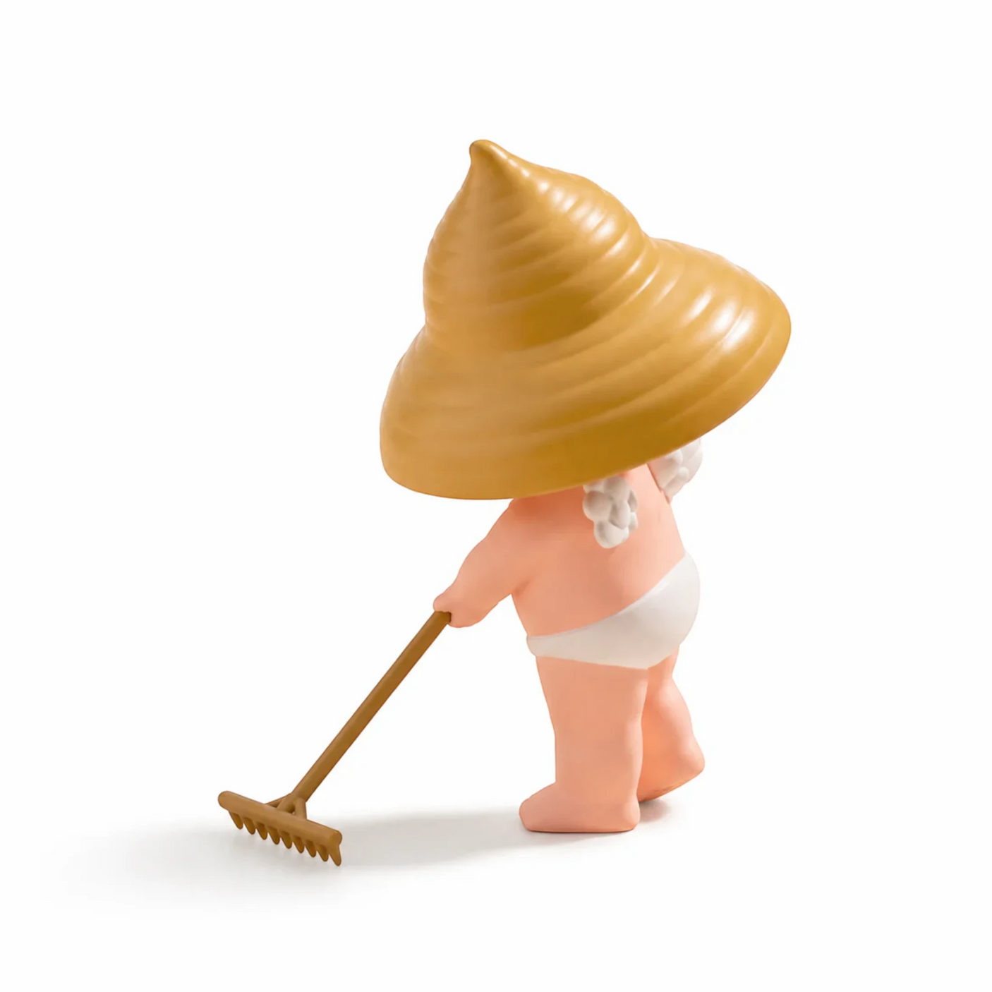 Kewpie blind box figure standing in white shorts wearing a yellow hat and holding a rake