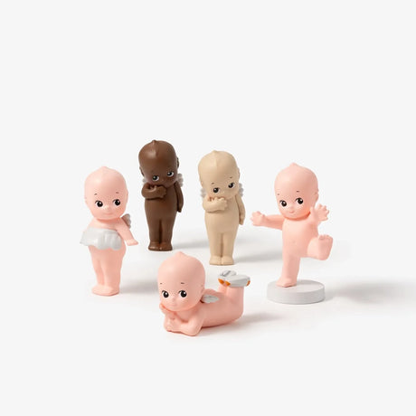 Mini blind box baby figure set with round bases, pink and brown versions