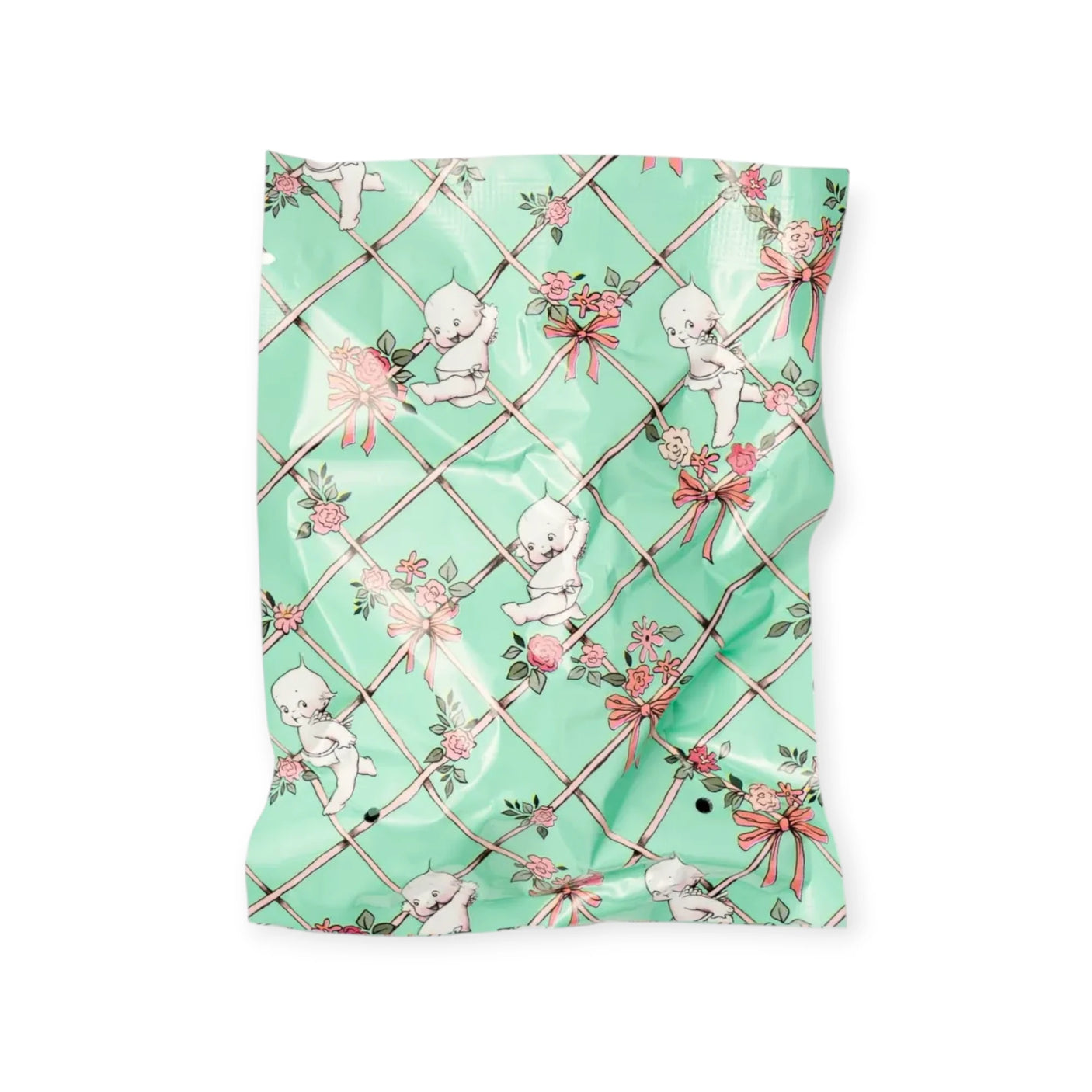 Mint fabric square with cartoon baby figures and pink floral vine lattice pattern