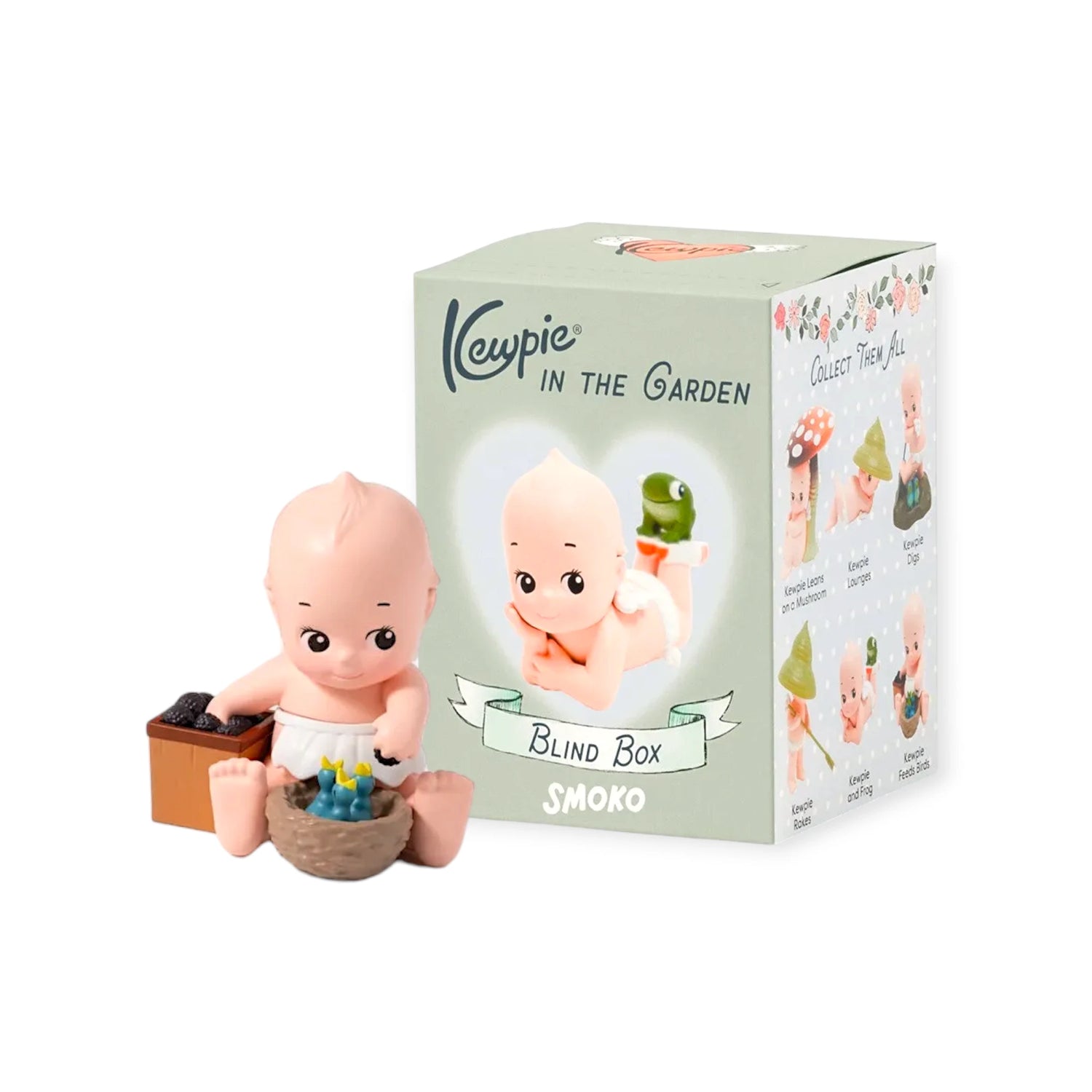 Kewpie In the Garden blind box with two figurines holding garden items