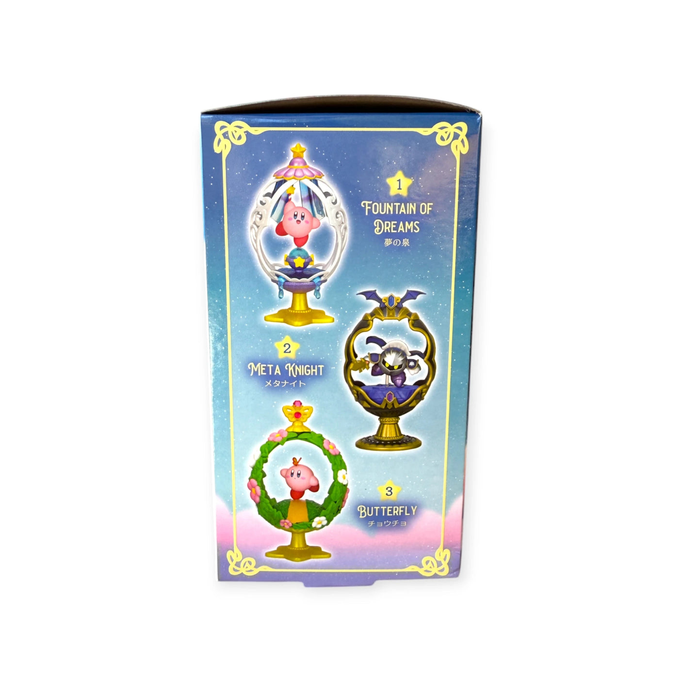 The Kirby Ovaltique Globe Blind Box by Re-Ment includes toy figurines titled "Fountain of Dreams," "Meta Knight," and "Butterfly." Each is in a decorative stand against a starry backdrop, reminiscent of an antique-inspired charm.