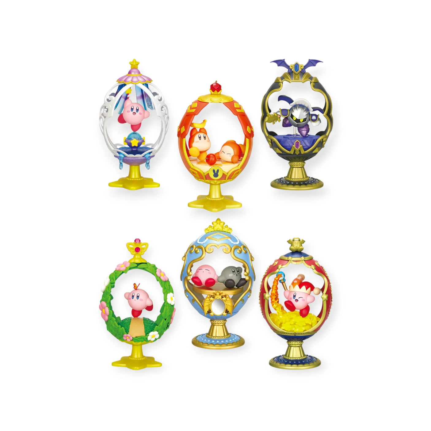 Explore the Kirby Ovaltique Globe Blind Box by Re-Ment, showcasing six collectible figures in egg-shaped cases. Each series features different themes and beloved cartoon characters, set in charming rows with a globe design inspired by antiques.