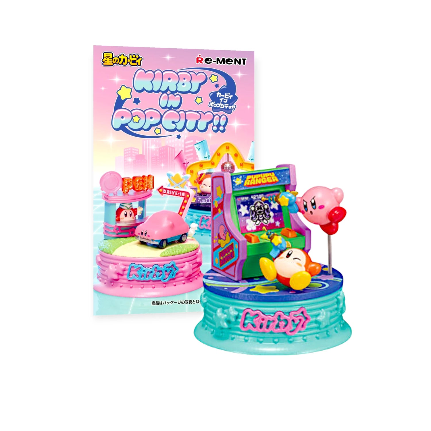 The Kirby in Pop City Blind Box by Kirby is a colorful miniature arcade game figurine, displayed before its illustrated packaging—an ideal addition to any Pop City diorama or Kirby blind box collection.