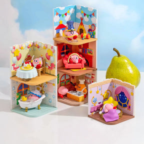 Four Kirby Wonder Room Blind Box miniature scenes featuring Kirby in cozy, themed dream house settings, gallery position 1