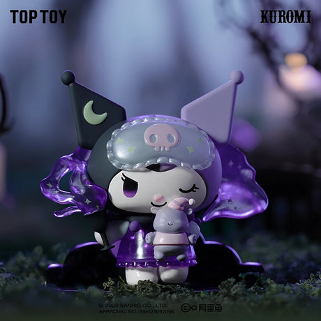 Kuromi figure in dual-tone jester outfit holding small plush with translucent purple wings in dark fantasy setting