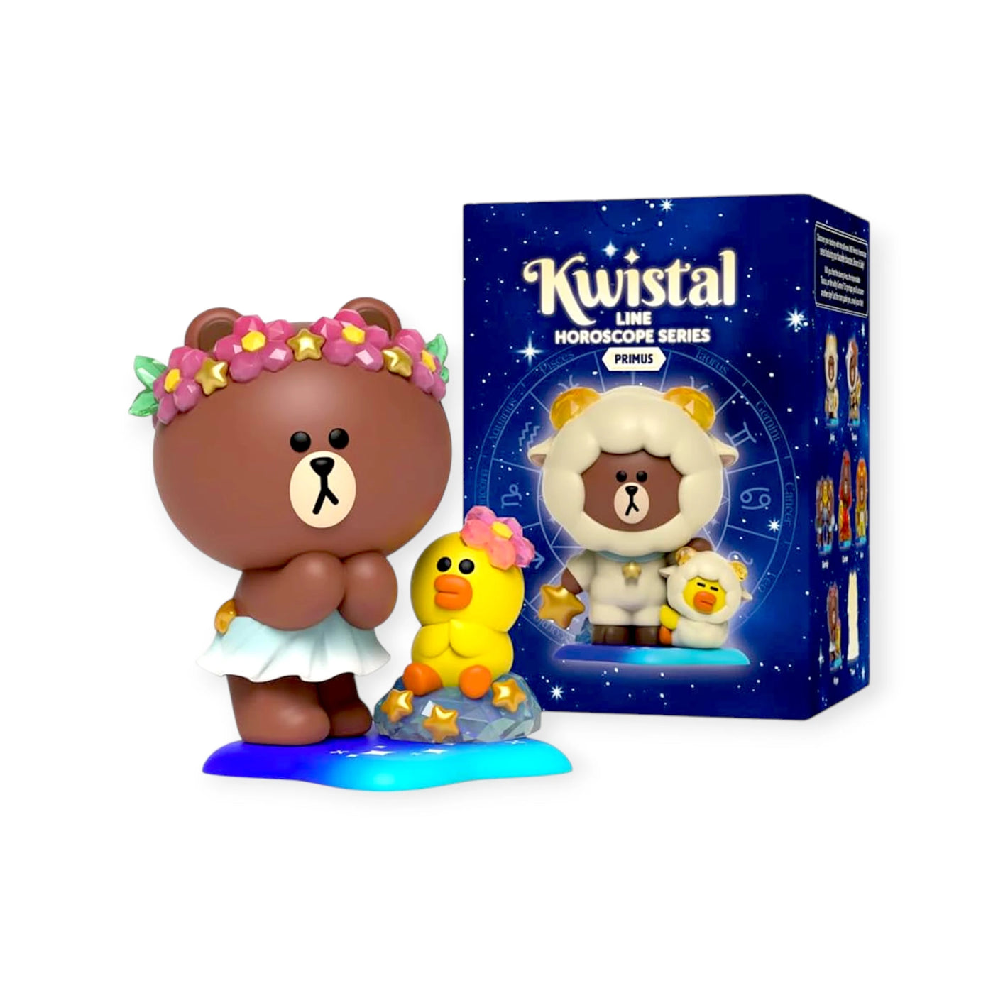 A toy bear with a flower crown and skirt stands next to a yellow duck, featured in the Mighty Jaxx Kwistal Line Horoscope Primus Blind Box series.