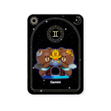 Two cartoon bears and a small winged lion stand on a Gemini-themed card with celestial patterns and horoscope symbols, adding mysticism to this Mighty Jaxx - Kwistal Line Horoscope Primus Blind Box creation.