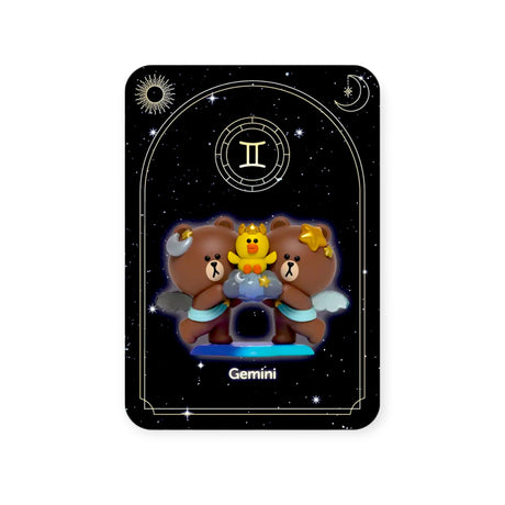 Two cartoon bears and a small winged lion stand on a Gemini-themed card with celestial patterns and horoscope symbols, adding mysticism to this Mighty Jaxx - Kwistal Line Horoscope Primus Blind Box creation.