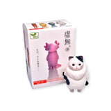 Kyomu Animals Vol.3 Blind Box, showcasing a pink axolotl design, is accompanied by a miniature black and white cat figurine as an animal companion. The box displays safety warnings in both Japanese and English.