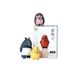 Three adorable Kyomu Animals figurines, featuring a hedgehog and a bear, adorn and stand in front of a white Blind Box with Japanese text. These Yell brand figures add charm to any setting.