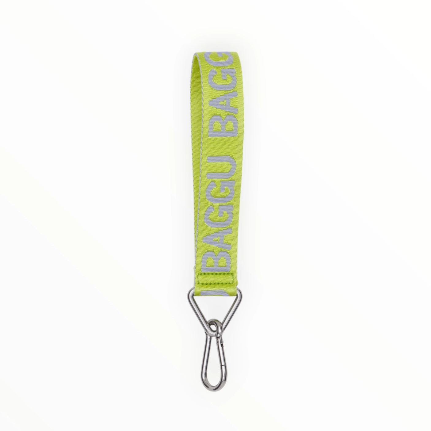 The Baggu Logo Keychain - Citron, crafted from recycled nylon in green, features a chic design with the distinctive Baggu logo and a sturdy metal clip at the bottom.