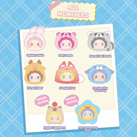 Illustration of Lovely Emma Rua Rua Zoo plush characters in animal costumes with names on blue checkered background