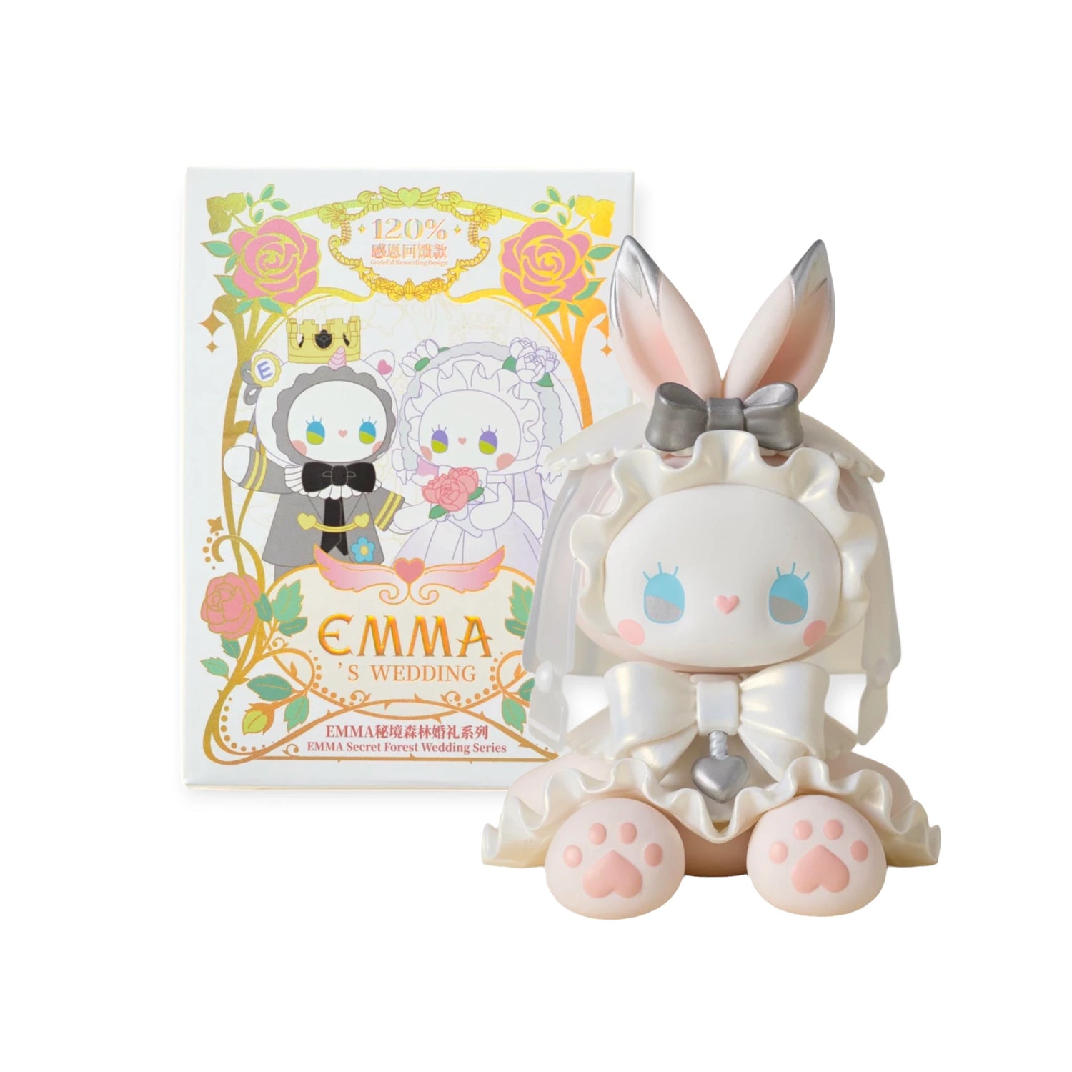 A bunny-themed hand-painted figure in a white wedding dress with veil, from Lucky Emma’s Secret Forest Wedding Blind Box, is a charming addition to any collection.