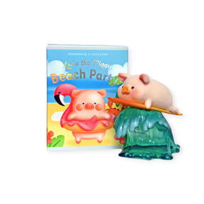 LuLu the Piggy beach party blind box featuring pig figurines with surfboard and inflatable flamingo on beach backdrop