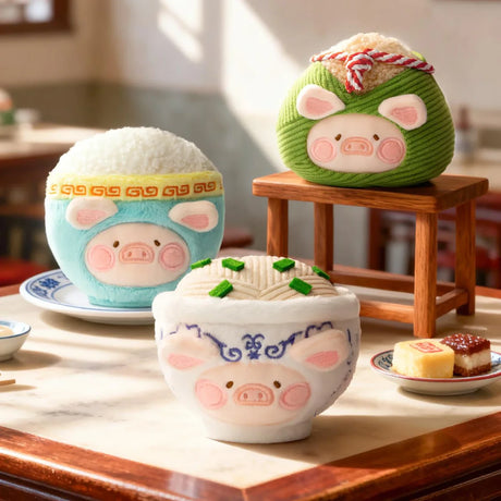 LuLu The Piggy - Dim Sum Food Hunter Keychain Blind Box featuring plush piggy characters styled as dim sum in a cozy setting
