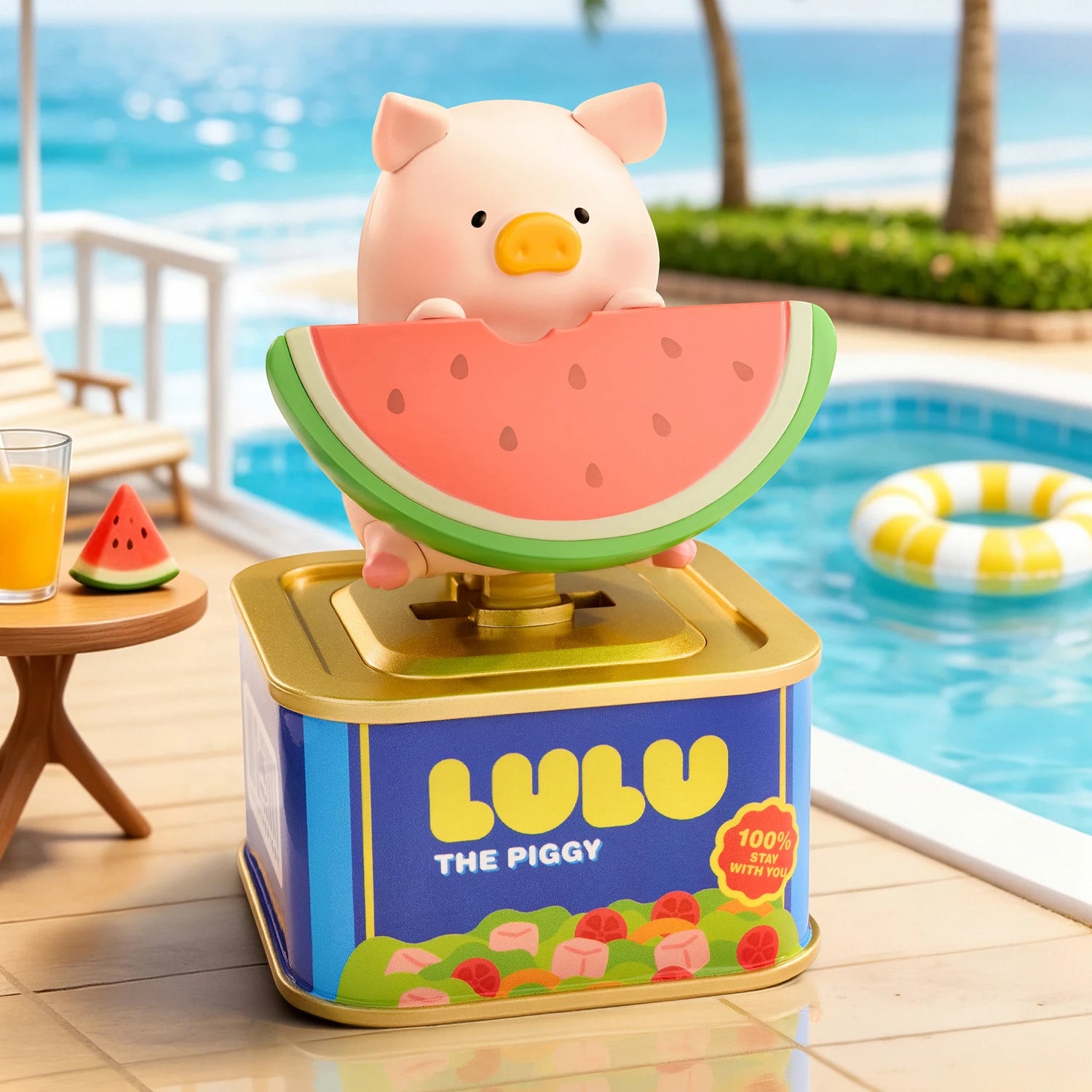 Solar motion blind box: pig figure with watermelon float atop gold base, blue tin