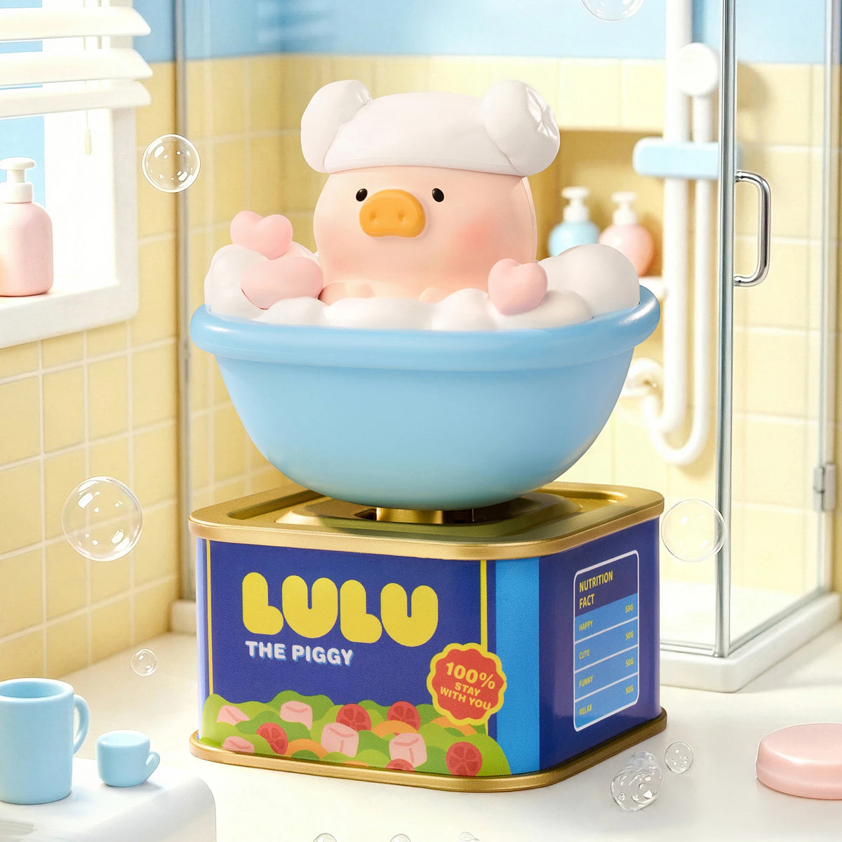 Solar motion blind box: pig figure in blue bowl atop gold base, blue tin