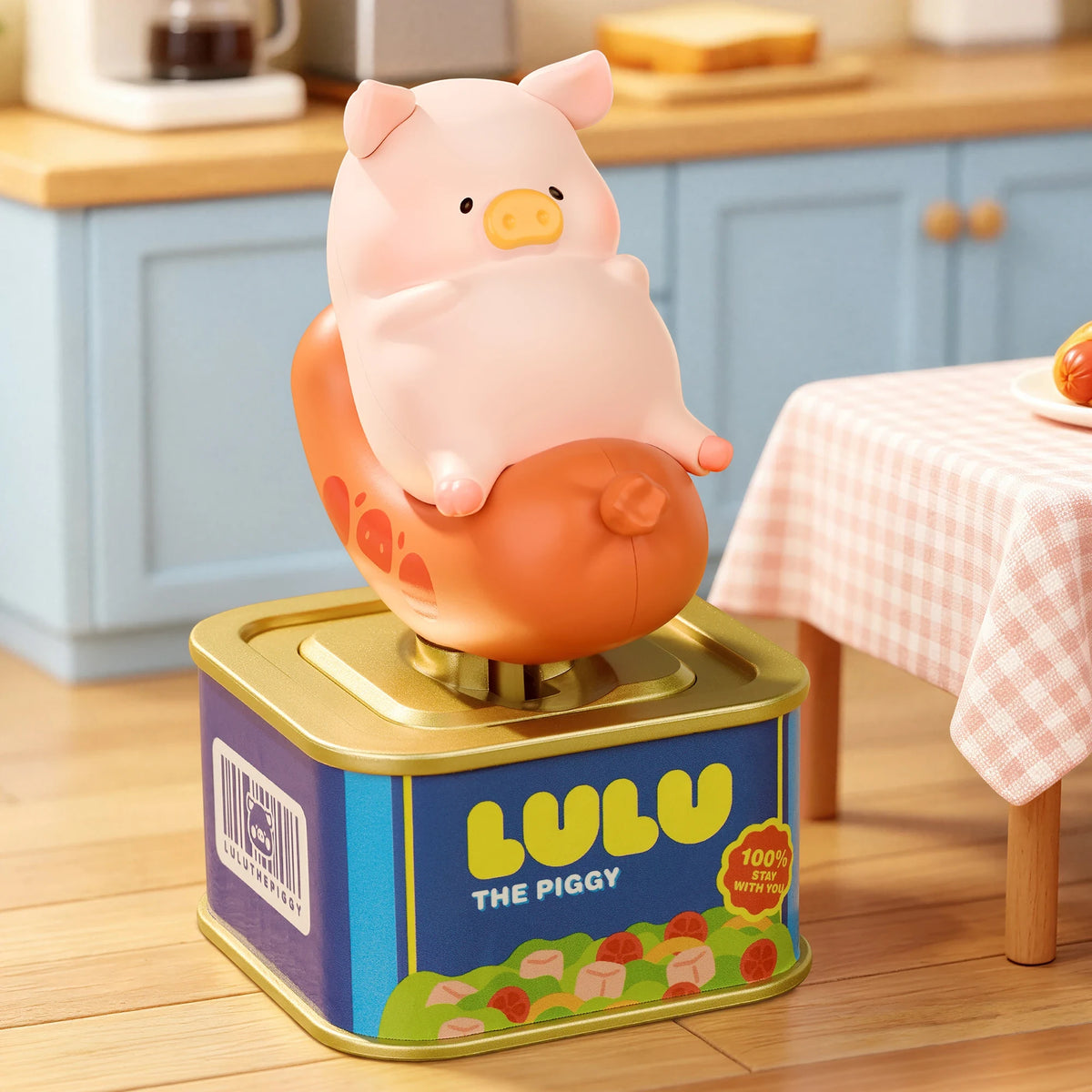 Solar motion blind box: pig figure with orange belly and curly tail on gold base, blue tin