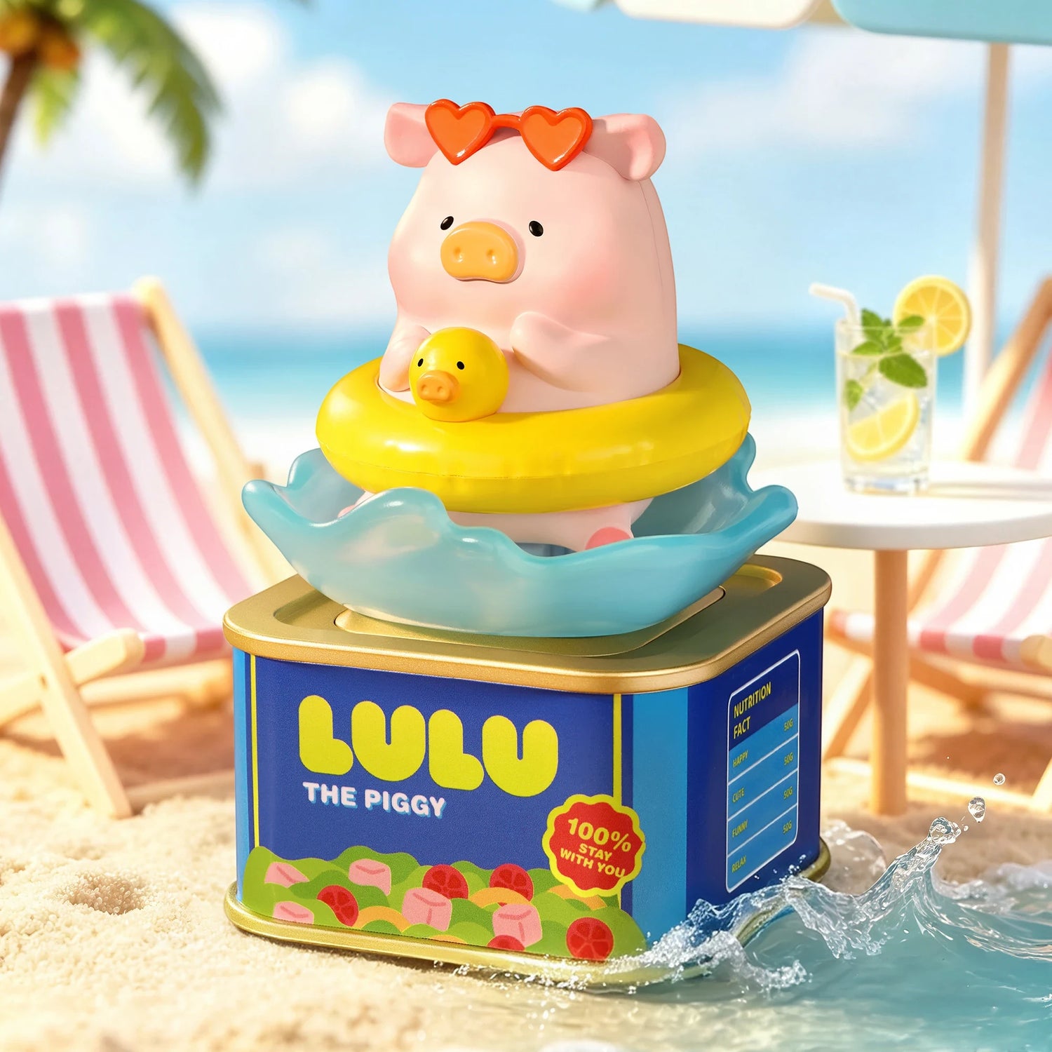 Solar motion blind box: pig figure with duck and heart hat on gold base, blue tin