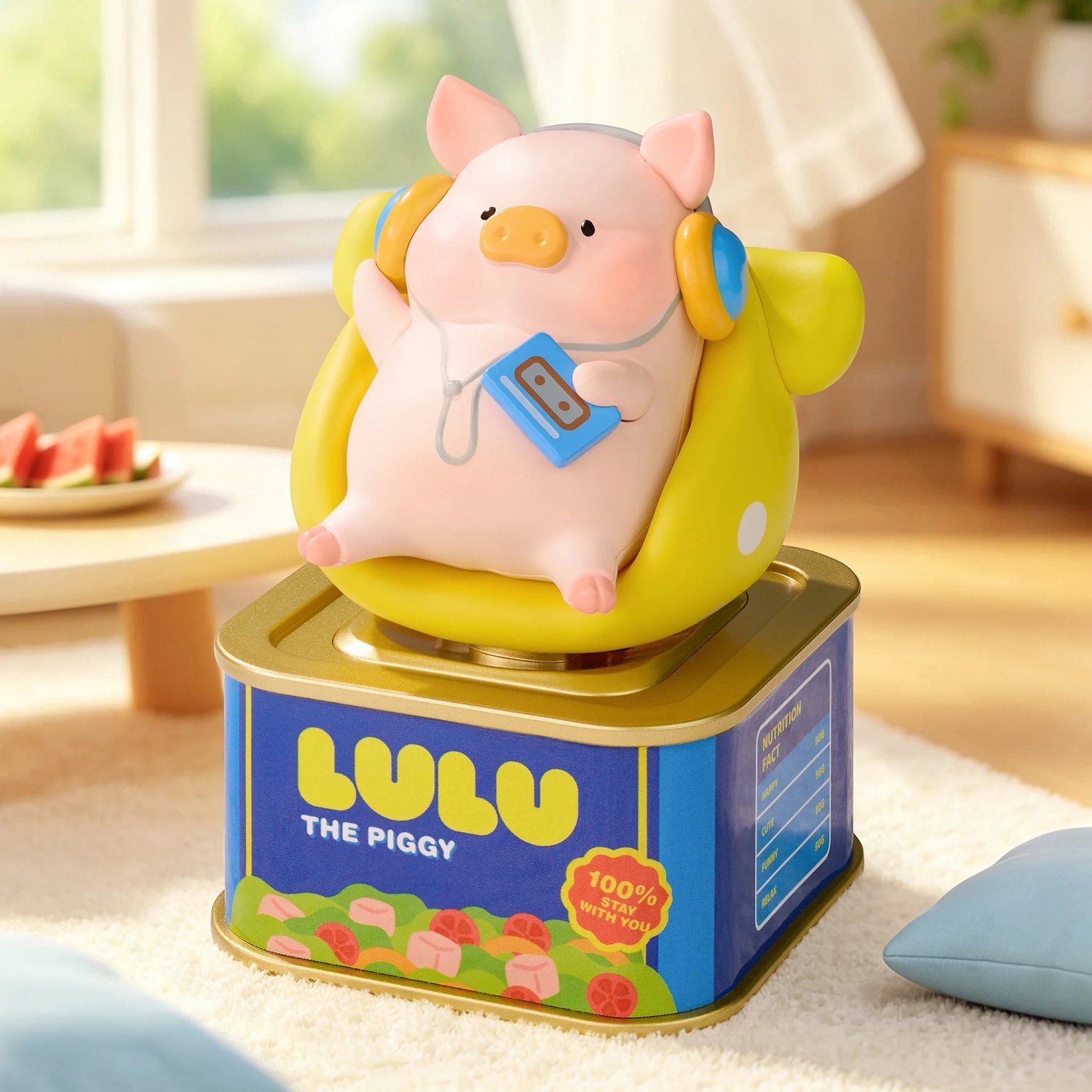Solar motion blind box: pig figure with yellow backpack headphones on gold base, blue tin