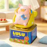 Solar motion blind box: pig figure with yellow backpack headphones on gold base, blue tin