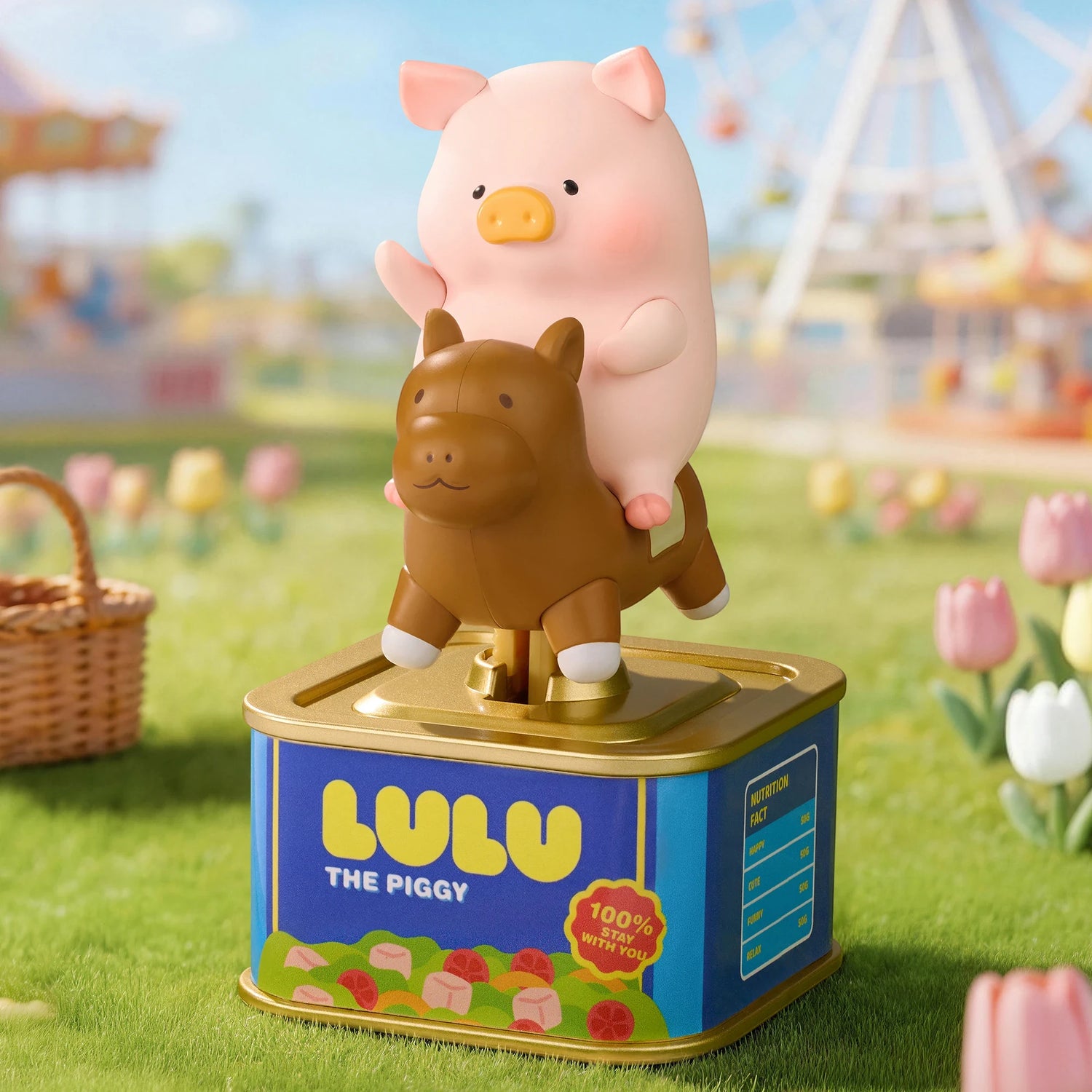 Solar motion blind box: pig figure holding brown bunny atop gold base, blue tin