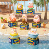 Set of solar motion blind boxes: multiple pig figures splashing on blue tins