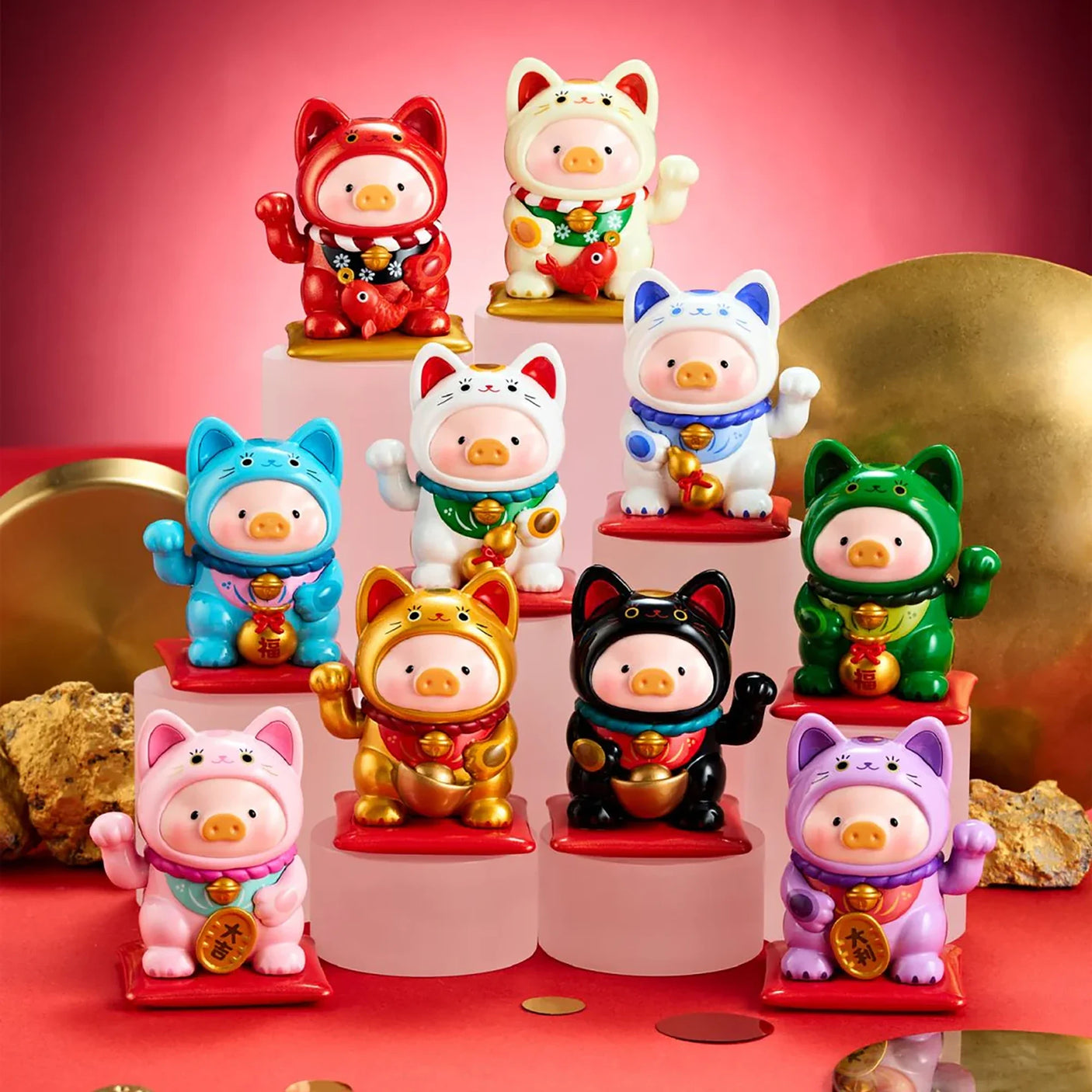 LuLu The Piggy - Lucky Cat Blind Box showing colorful piggy figurines dressed as lucky cats by LuLu The Piggy