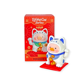 LuLu The Piggy - Lucky Cat Blind Box featuring a piggy figurine in a white lucky cat costume on a red cushion by LuLu The Piggy