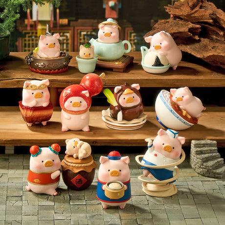 Collection of small pig figurines dressed in various food and traditional costumes arranged on wooden surfaces