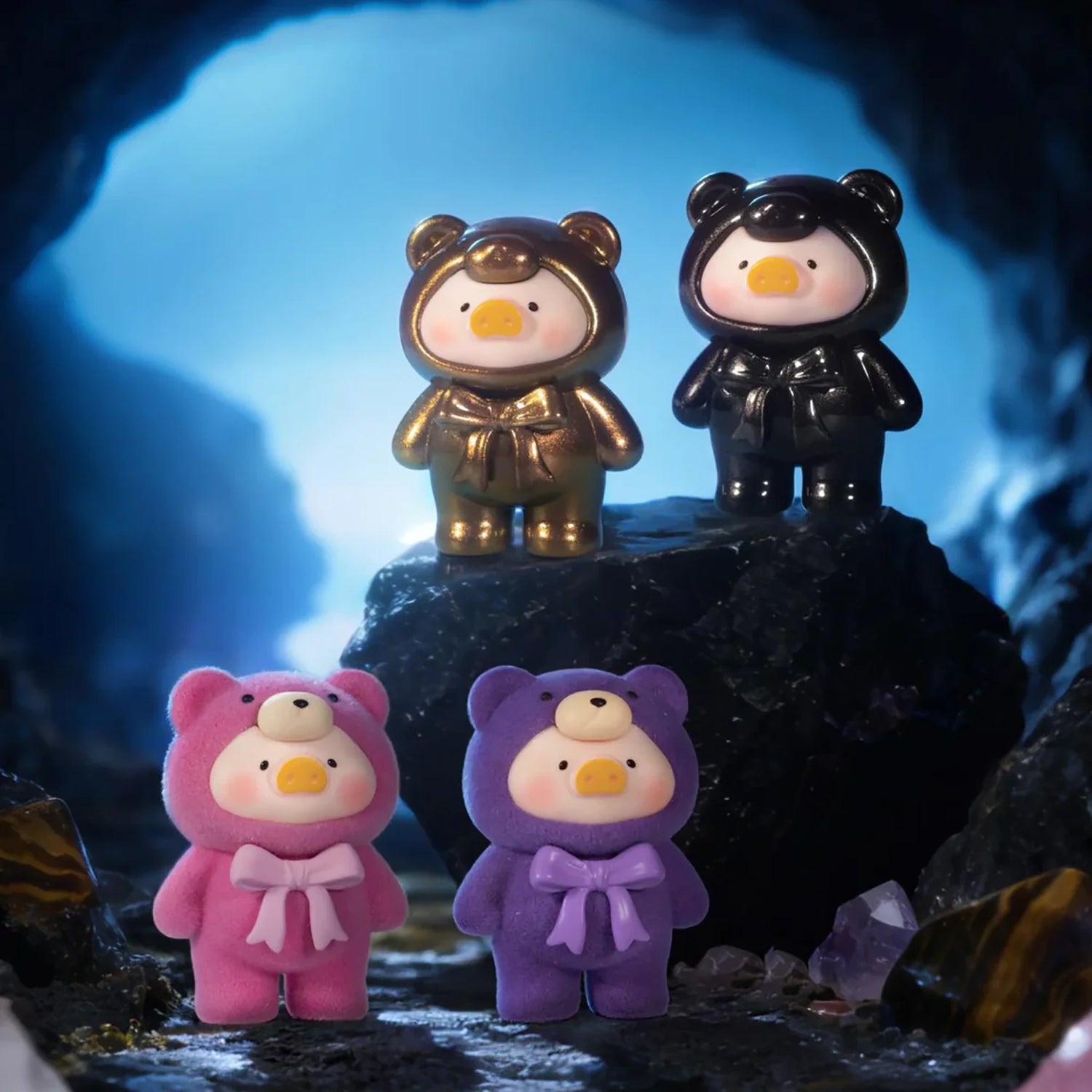 LuLu The Piggy - Mini Teddy Ore Series Blind Bag showing four tactile bear figures in metallic gold, black, pink, and purple by LuLu The Piggy