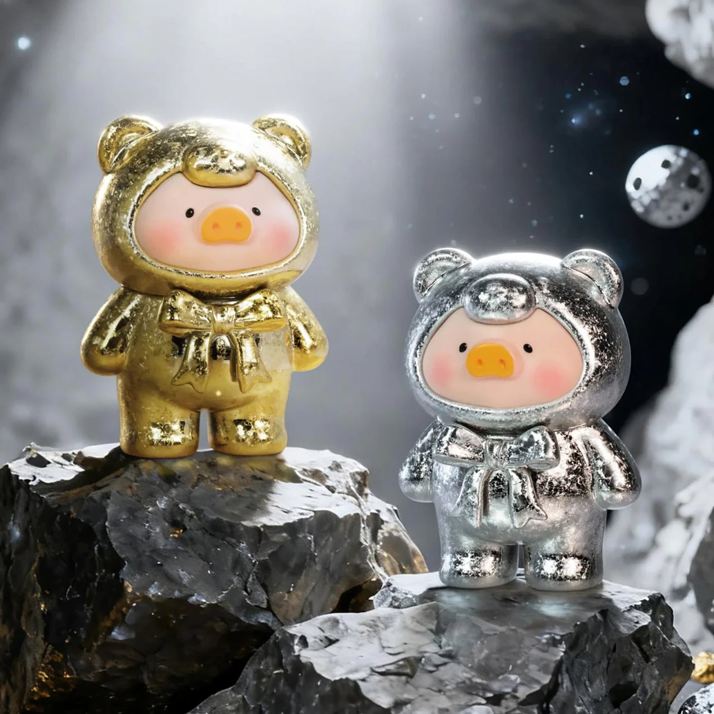 LuLu The Piggy - Mini Teddy Ore Series Blind Bag showing two metallic gold and silver bear figures on rocky surfaces by LuLu The Piggy