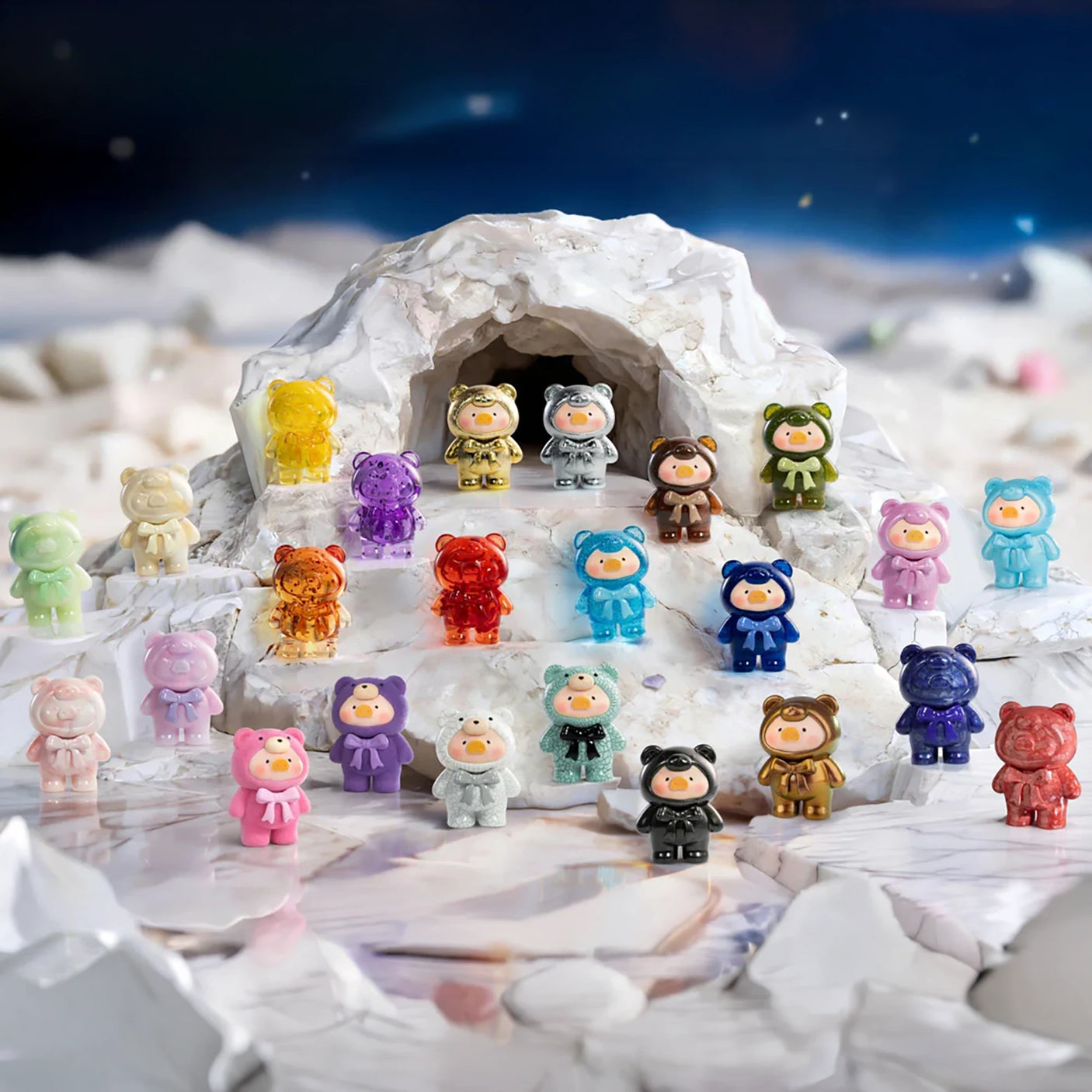 LuLu The Piggy - Mini Teddy Ore Series Blind Bag showing colorful Mini Teddy figures in various finishes displayed on icy terrain by LuLu The Piggy