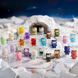 LuLu The Piggy - Mini Teddy Ore Series Blind Bag showing colorful Mini Teddy figures in various finishes displayed on icy terrain by LuLu The Piggy