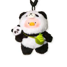Front view of LuLu the Piggy plush keychain dressed in panda costume holding small panda and bamboo, gallery 1