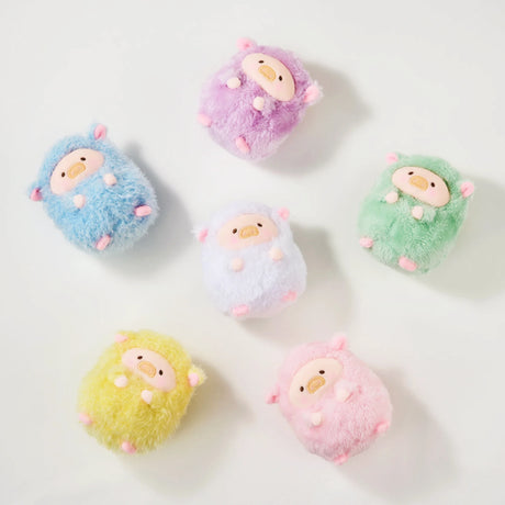 Five LuLu the Piggy - Rainbow Sheep Plush Blind Box toys by LuLu The Piggy, each a small round sheep with pig faces in blue, purple, white, green, and yellow, are arranged in a circle on a white background.