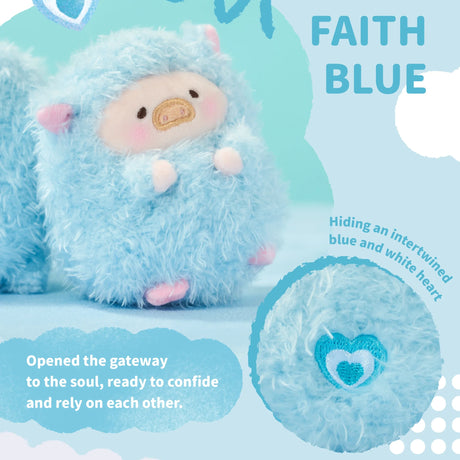 The LuLu The Piggy - Rainbow Sheep Plush Blind Box features a plush toy with a pig face, fluffy light blue fur, and an embroidered blue and white heart detail—perfect as a cute collectible or keychain.