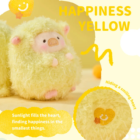 A LuLu The Piggy - Rainbow Sheep Plush Blind Box from LuLu The Piggy is shown in yellow. An inset reveals a small embroidered heart with a smiley face on its back. Text reads, "Happiness Yellow" and "Sunlight fills the heart.