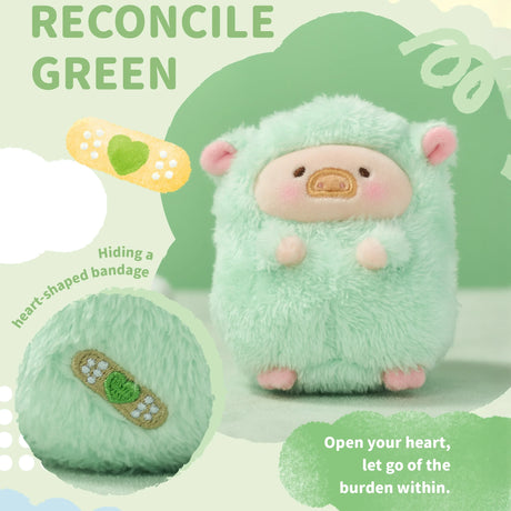A LuLu The Piggy - Rainbow Sheep Plush Blind Box keychain stands upright with mint green fur; an inset displays a heart-shaped bandage. Text reads: "RECONCILE GREEN. Open your heart, let go of the burden within.