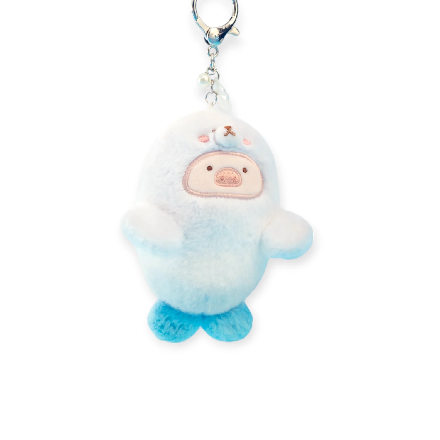 Bring LuLu the Piggy - Baby Seal LuLu Plush Keychain by LuLu The Piggy on your next Ocean Adventure—a cute, round blue and white seal with a small bear face, blue flippers, and a silver keyring and clasp.