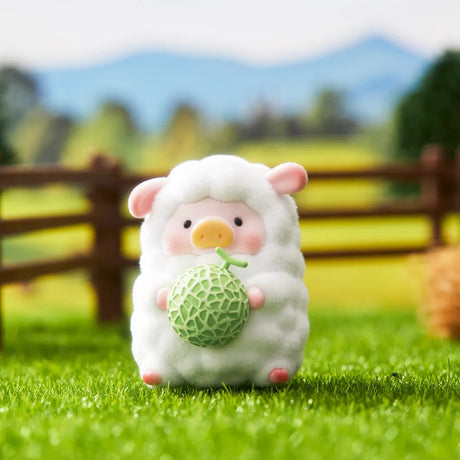 LuLu the Piggy figurine wearing fluffy sheep outfit holding a melon in a sunny farm garden setting with blurred fence background