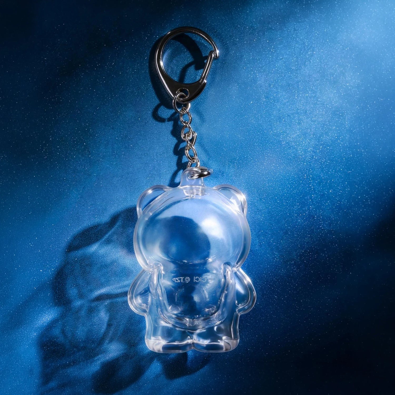 Clear teddy keychain charm with metal ring and hanging chain
