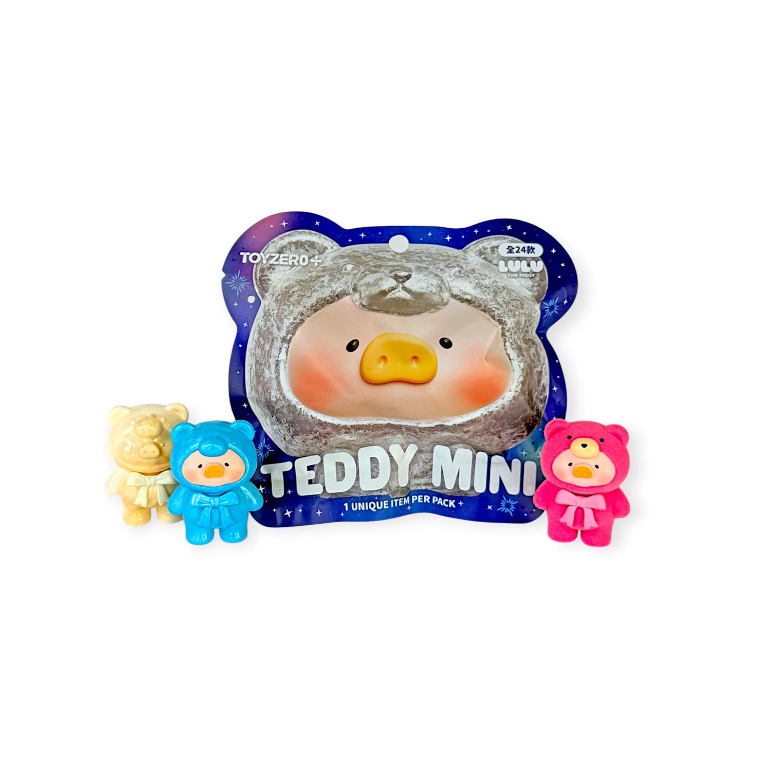 LuLu The Piggy - Mini Teddy Ore Series Blind Bag with three colorful bear-shaped figurines in cream, blue, and pink by LuLu The Piggy