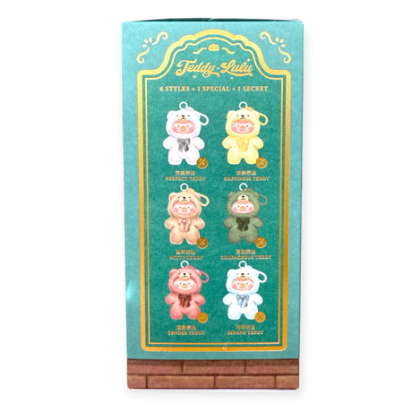 A product box for "Teddy LuLu the Piggy Plush Pal - Blind Box" by LuLu The Piggy showcases six illustrated bear figurines in unique costumes, labeled as "6 Styles + 1 Special + 1 Secret," with each figure’s name listed below.