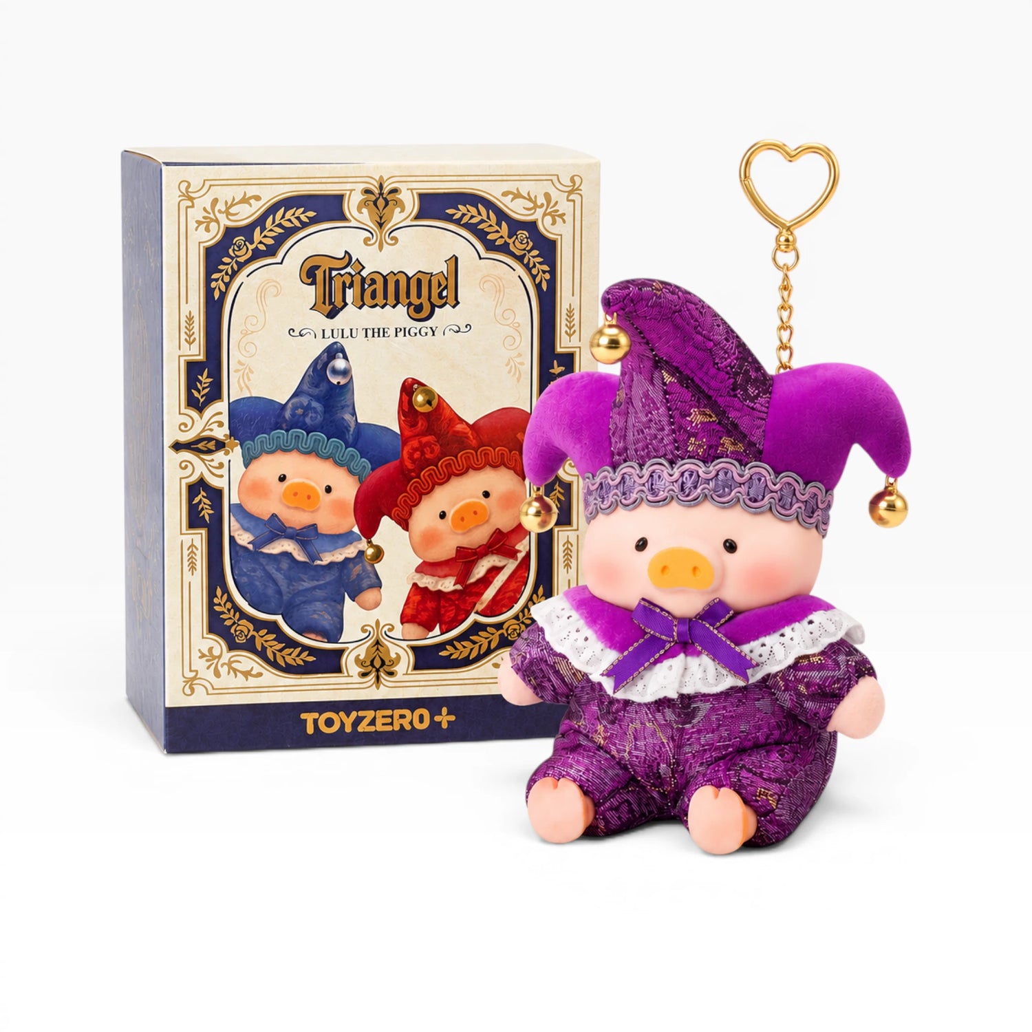 Blind box plush pig doll with purple outfit and gold-bell hat, plus Triangle packaging