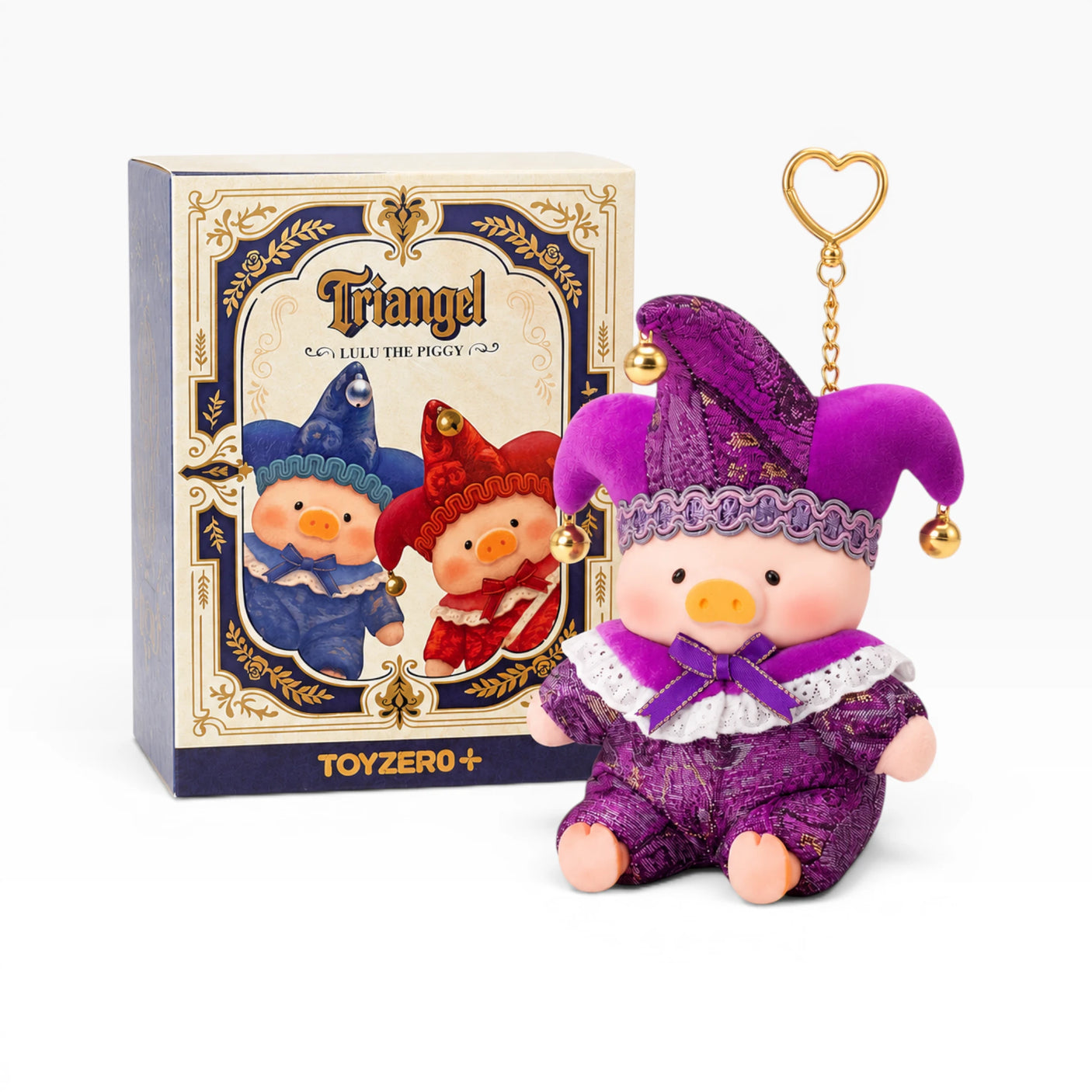 Blind box plush pig doll with purple outfit and gold-bell hat, plus Triangle packaging