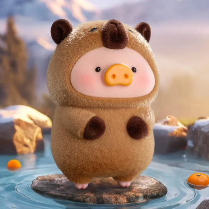 Bear-themed piggy plush figure, brown fuzzy suit with orange snout and small ears