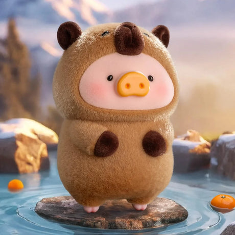 LuLu The Piggy figure dressed as a capybara standing on a rock surrounded by water, Animal Party Blind Box gallery 1