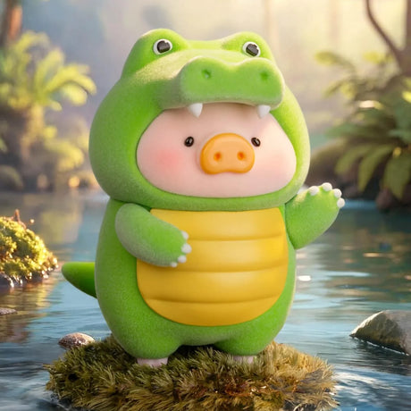 LuLu The Piggy figure wearing a green crocodile costume standing on mossy rock near water, Animal Party Blind Box gallery 1